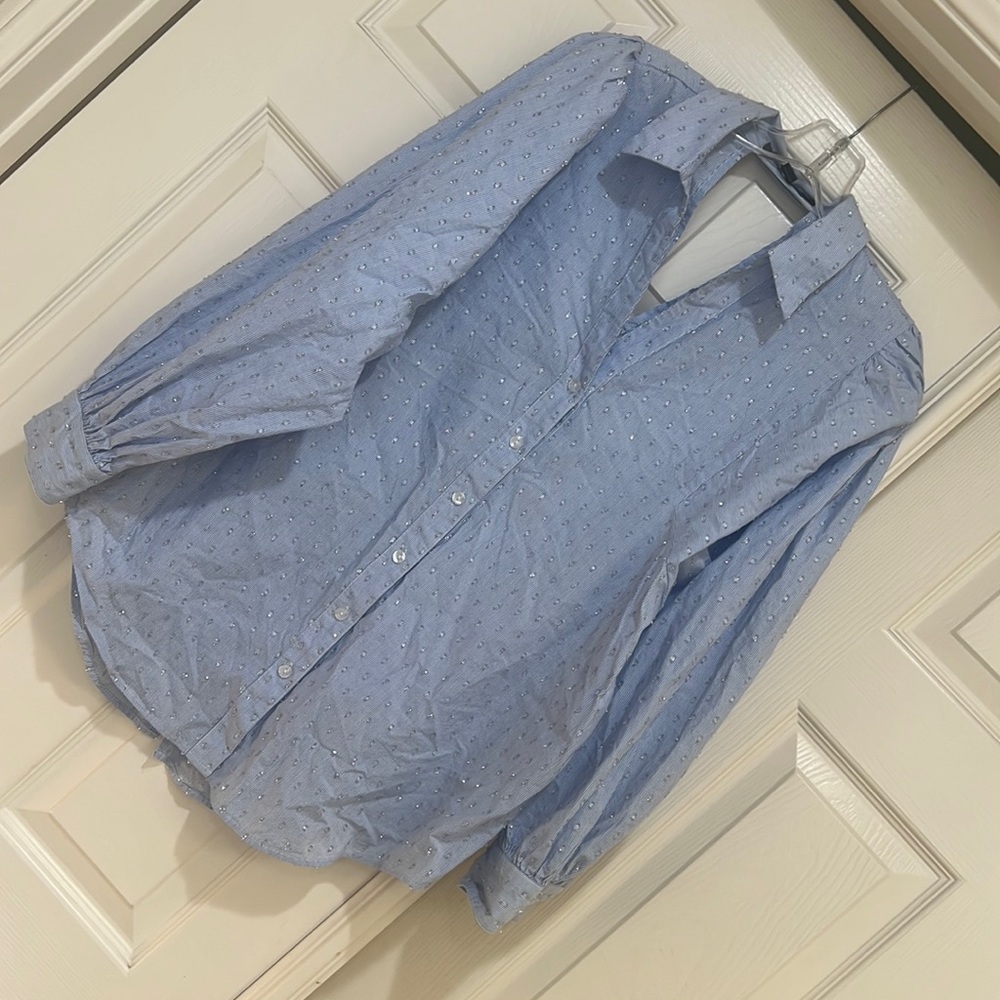 Marc New York Blue Pin Stripes Sparkly Details ballon sleeves Shirt Women M